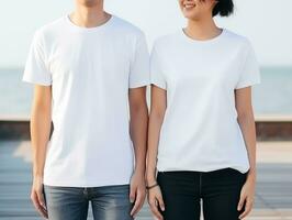 ai generado un Pareja novio y Novia vistiendo blanco blanco pareo camisetas Bosquejo para diseño modelo foto