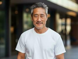 AI generated Healthy senior asian man wearing blank empty white t-shirt mockup for design template photo