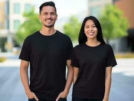 ai generado un Pareja novio y Novia vistiendo blanco blanco pareo camisetas Bosquejo para diseño modelo foto