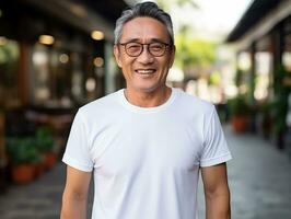 AI generated Healthy senior asian man wearing blank empty white t-shirt mockup for design template photo