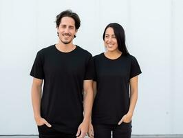 ai generado un Pareja novio y Novia vistiendo blanco blanco pareo camisetas Bosquejo para diseño modelo foto