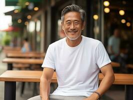 ai generado sano mayor asiático hombre vistiendo blanco vacío blanco camiseta Bosquejo para diseño modelo foto