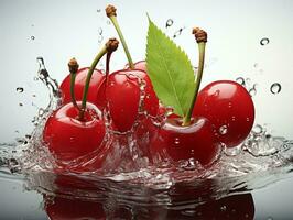 AI generated Fresh Ripe Cherry with Splash effect, Juicy and tasty Fruit, Healthy Food photo