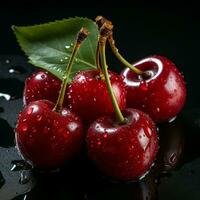 AI generated Fresh Ripe Cherry on Black background, Juicy and tasty Fruit, Healthy Food photo