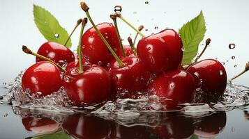 AI generated Fresh Ripe Cherry with Splash effect, Juicy and tasty Fruit, Healthy Food photo