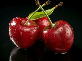 AI generated Fresh Ripe Cherry on Black background, Juicy and tasty Fruit, Healthy Food photo