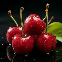 AI generated Fresh Ripe Cherry on Black background, Juicy and tasty Fruit, Healthy Food photo