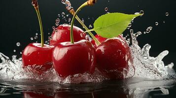 AI generated Fresh Ripe Cherry with Splash effect, Juicy and tasty Fruit, Healthy Food photo