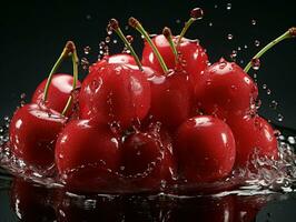 AI generated Fresh Ripe Cherry with Splash effect, Juicy and tasty Fruit, Healthy Food photo