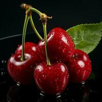AI generated Fresh Ripe Cherry on Black background, Juicy and tasty Fruit, Healthy Food photo