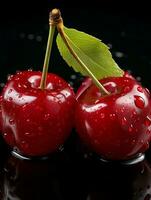 AI generated Fresh Ripe Cherry on Black background, Juicy and tasty Fruit, Healthy Food photo