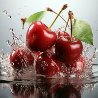 AI generated Fresh Ripe Cherry with Splash effect, Juicy and tasty Fruit, Healthy Food photo