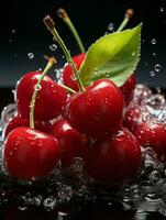 AI generated Fresh Ripe Cherry with Splash effect, Juicy and tasty Fruit, Healthy Food photo