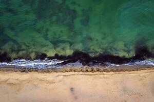 Top view aerial photo from flying drone of beautiful sea landscape with turquoise water with copy space for your advertising text message or promotional content. website background.