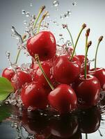 AI generated Fresh Ripe Cherry with Splash effect, Juicy and tasty Fruit, Healthy Food photo