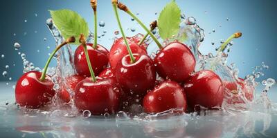 AI generated Fresh Ripe Cherry with Splash effect, Juicy and tasty Fruit, Healthy Food photo