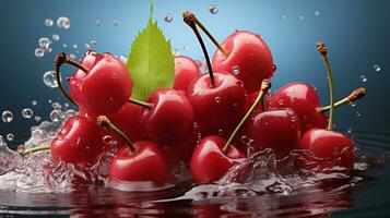 AI generated Fresh Ripe Cherry with Splash effect, Juicy and tasty Fruit, Healthy Food photo