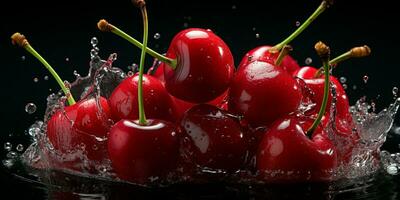 AI generated Fresh Ripe Cherry with Splash effect, Juicy and tasty Fruit, Healthy Food photo