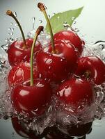 AI generated Fresh Ripe Cherry with Splash effect, Juicy and tasty Fruit, Healthy Food photo