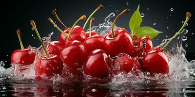 AI generated Fresh Ripe Cherry with Splash effect, Juicy and tasty Fruit, Healthy Food photo