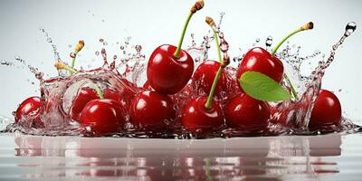 AI generated Fresh Ripe Cherry with Splash effect, Juicy and tasty Fruit, Healthy Food photo