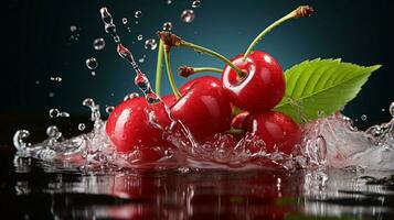 AI generated Fresh Ripe Cherry with Splash effect, Juicy and tasty Fruit, Healthy Food photo