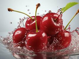 AI generated Fresh Ripe Cherry with Splash effect, Juicy and tasty Fruit, Healthy Food photo