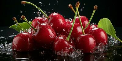 AI generated Fresh Ripe Cherry with Splash effect, Juicy and tasty Fruit, Healthy Food photo