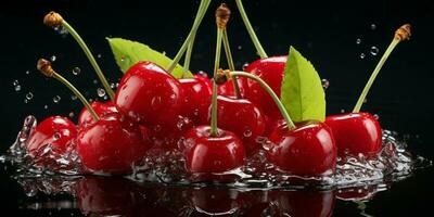 AI generated Fresh Ripe Cherry with Splash effect, Juicy and tasty Fruit, Healthy Food photo