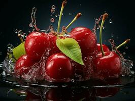 AI generated Fresh Ripe Cherry with Splash effect, Juicy and tasty Fruit, Healthy Food photo