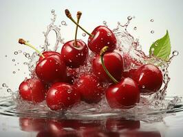 AI generated Fresh Ripe Cherry with Splash effect, Juicy and tasty Fruit, Healthy Food photo