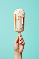 AI generated vintage ice cream cone held up to the hot summer photo