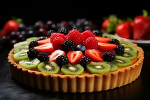 ai generado un Fruta tarta con Fresco bayas y kiwi foto