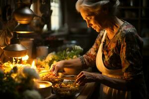 AI generated woman with apron cooking, framing close up shot of casserole photo