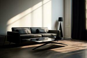 AI generated a black couch and table in an open room photo