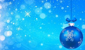 Blue Christmas background with blue bauble and snowflakes. photo