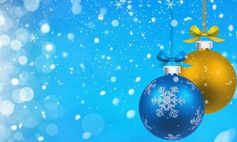 Christmas background with yellow and blue baubles and snowflakes. photo