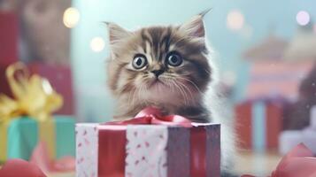 AI generated cat kitten with gift box, ai photo