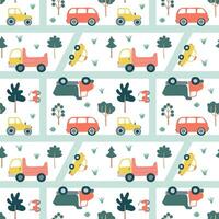 Flat style kids road map with different transport seamless pattern. Vector car map pattern in flat style