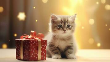 AI generated cat kitten with gift box, ai photo