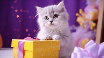 AI generated cat kitten with gift box, ai photo