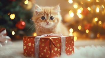 AI generated cat kitten with gift box, ai photo