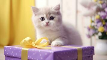 AI generated cat kitten with gift box, ai photo