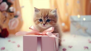 AI generated cat kitten with gift box, ai photo