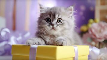 AI generated cat kitten with gift box, ai photo