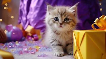 AI generated cat kitten with gift box, ai photo