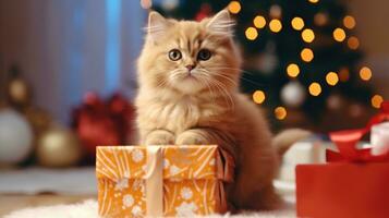 AI generated cat kitten with gift box, ai photo