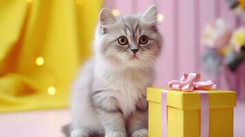 AI generated cat kitten with gift box, ai photo