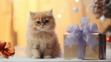 AI generated cat kitten with gift box, ai photo