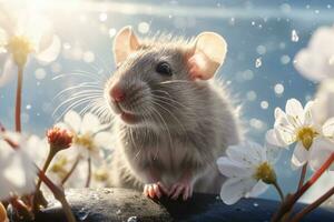 AI generated Little cute white mouse sitting on a branch of a spring flowering photo